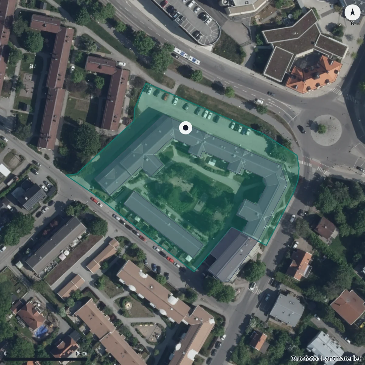 Flygbild över Älvsjö Förskola, ortofoto från Lantmäteriet