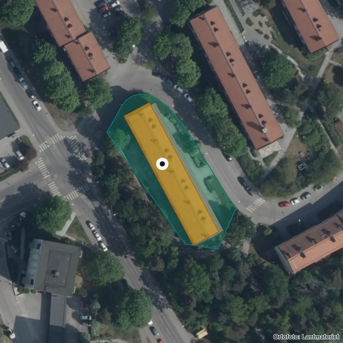 Flygbild över Academica Förskolan Jordklotet, ortofoto från Lantmäteriet
