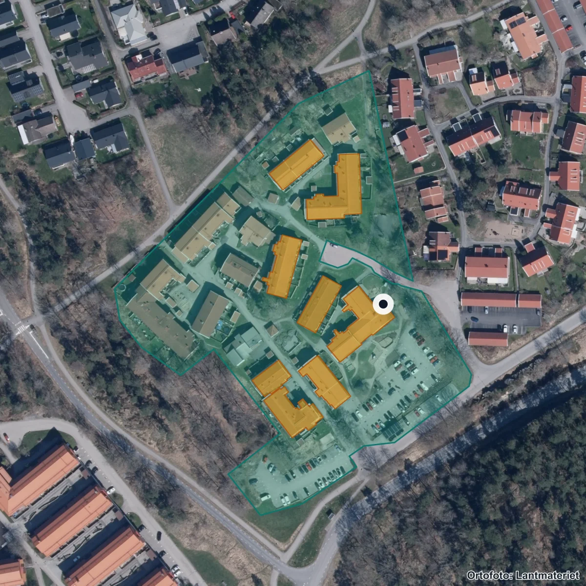 Aerial view of Myntets Förskola, orthophoto from Lantmäteriet