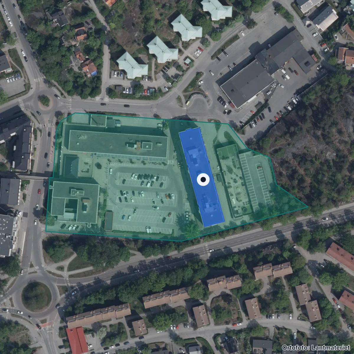 Flygbild över Lilla Nacka Förskola, ortofoto från Lantmäteriet