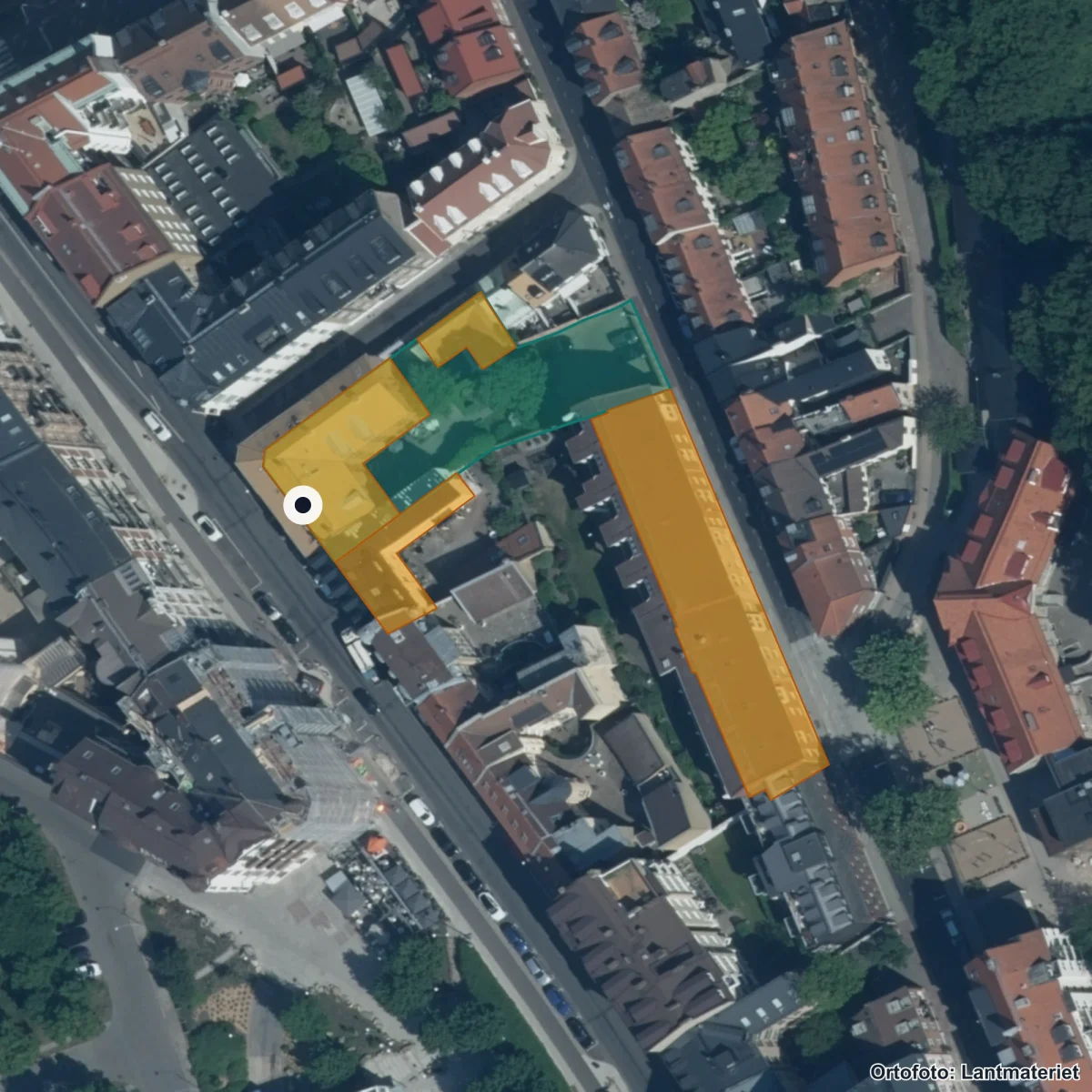 Flygbild över Sagolundens Förskola, ortofoto från Lantmäteriet