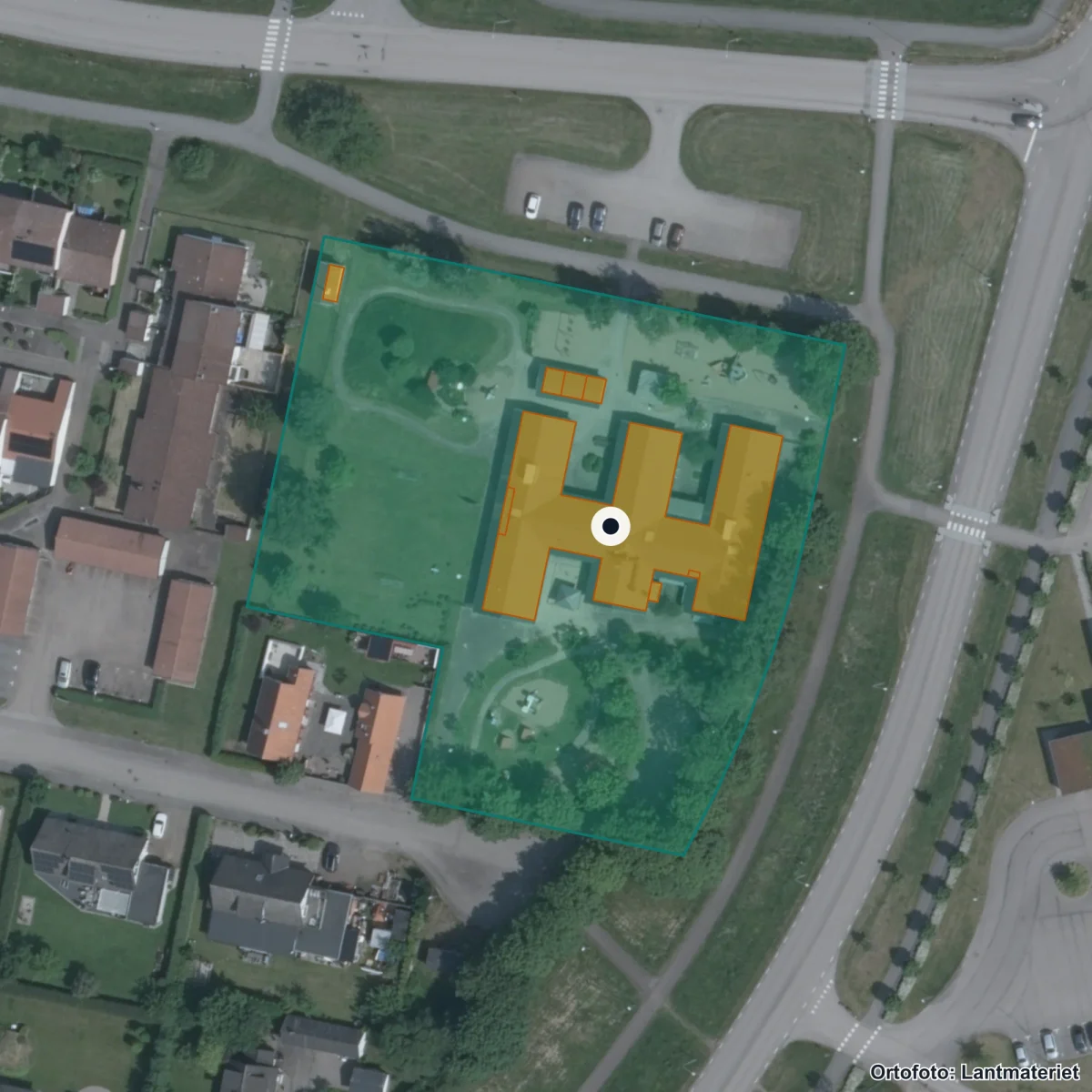 Flygbild över Sjökulla Förskola, ortofoto från Lantmäteriet