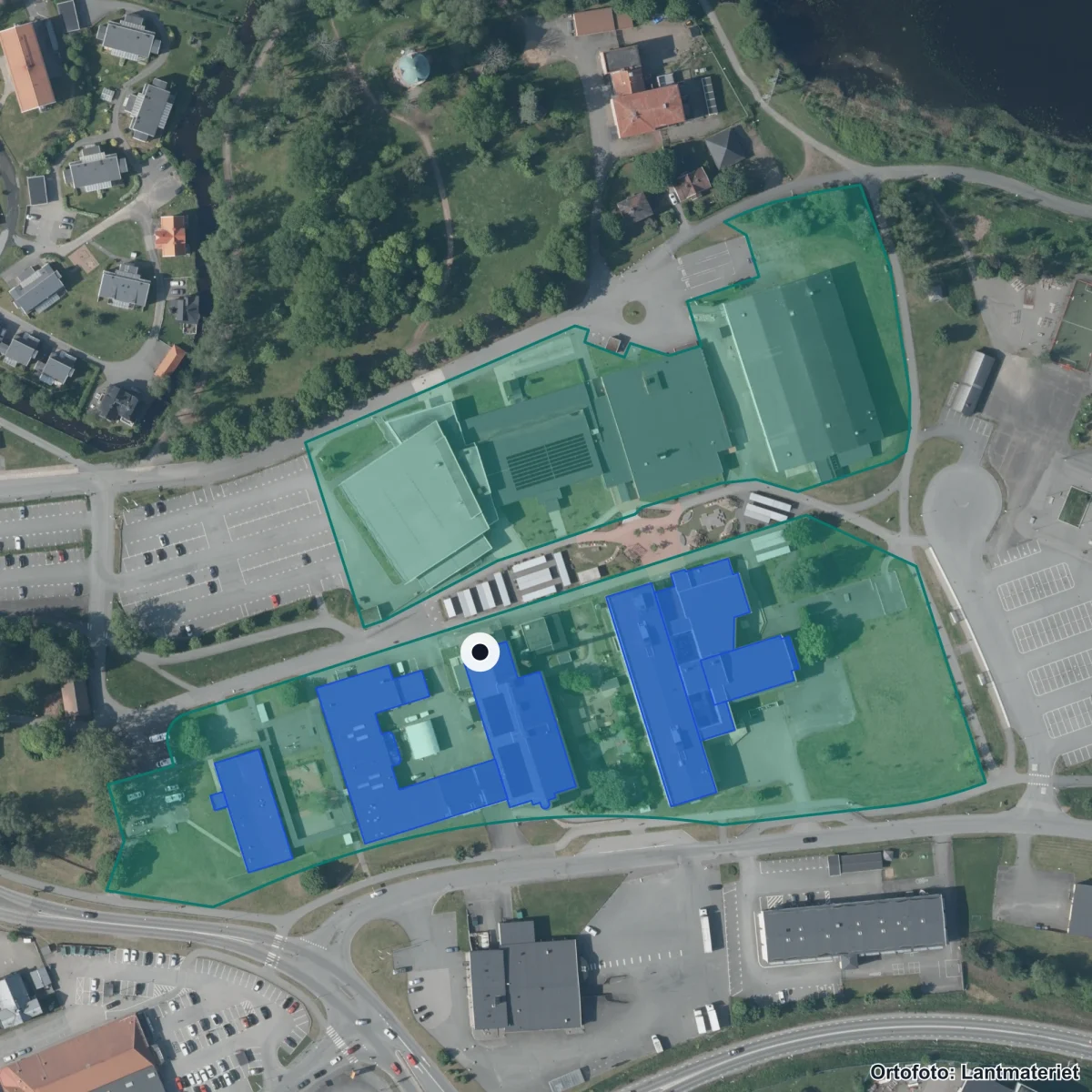 Flygbild över Förskolan Jupiter, ortofoto från Lantmäteriet