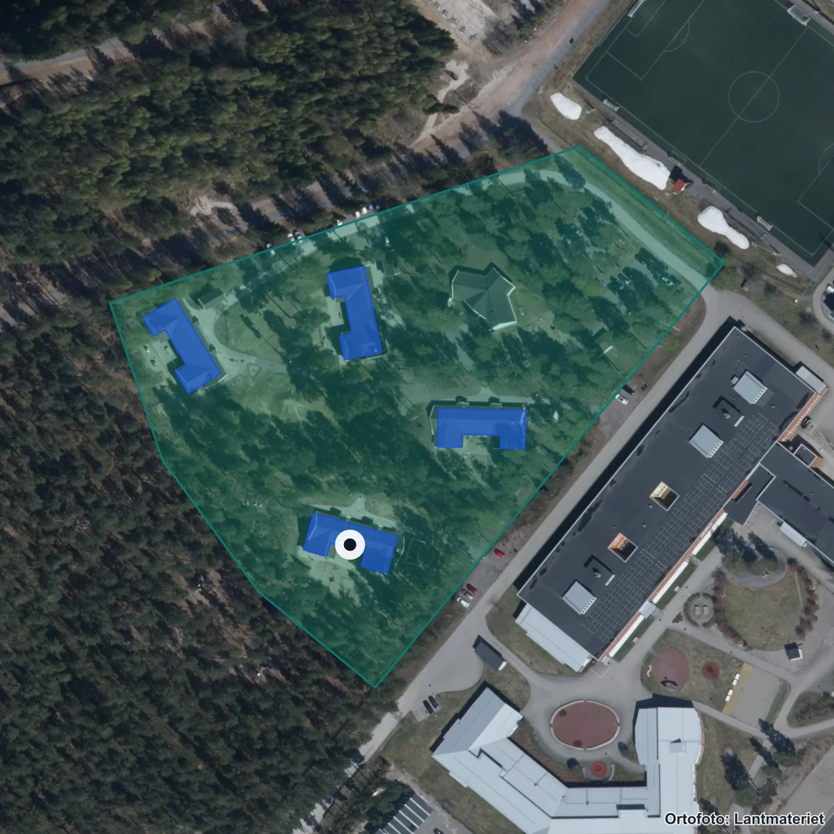 Flygbild över Älvstrandens Förskola, ortofoto från Lantmäteriet