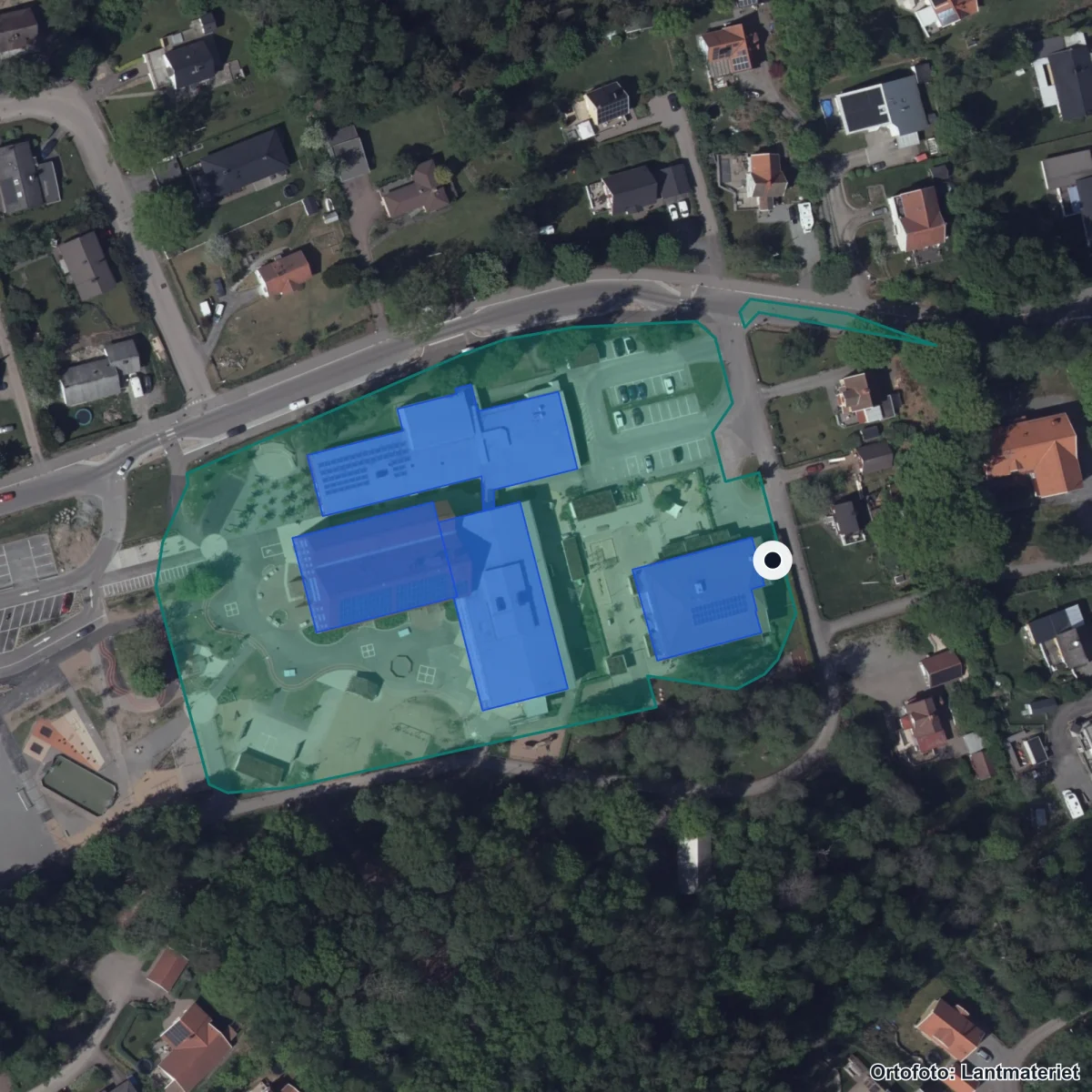 Flygbild över Blåsippans Förskola, ortofoto från Lantmäteriet