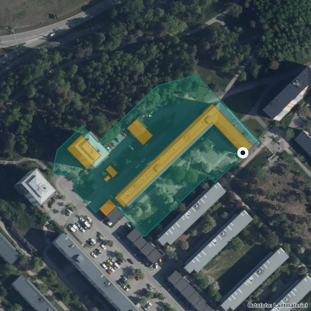 Flygbild över Förskolan Humlan, ortofoto från Lantmäteriet