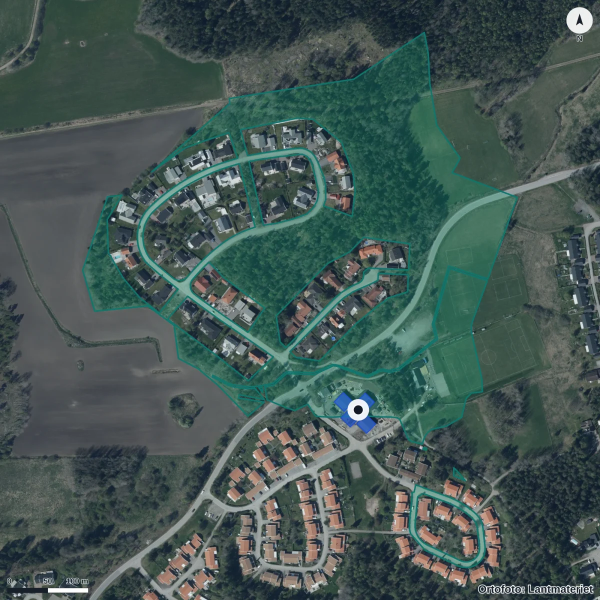 Aerial view of Korsängens Förskola, orthophoto from Lantmäteriet