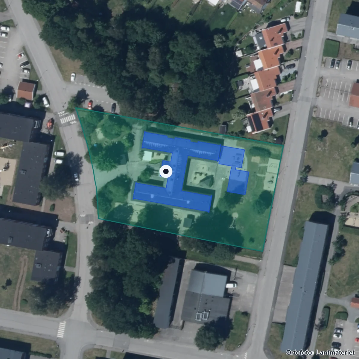 Flygbild över Haga Förskola, ortofoto från Lantmäteriet
