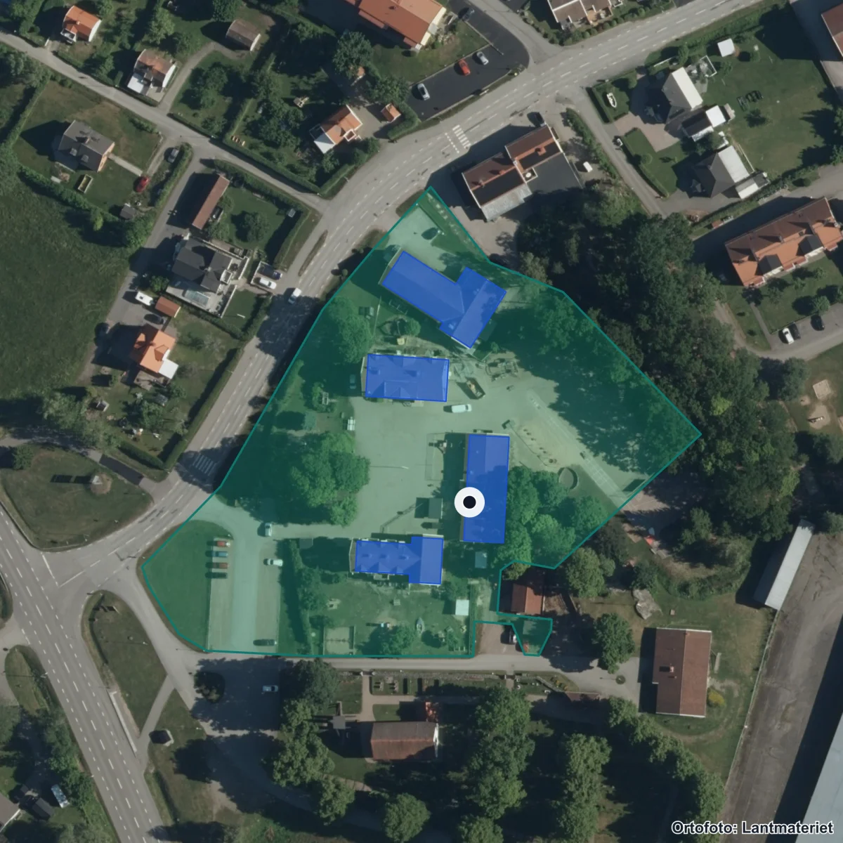 Flygbild över Vrena Fri Förskola, ortofoto från Lantmäteriet