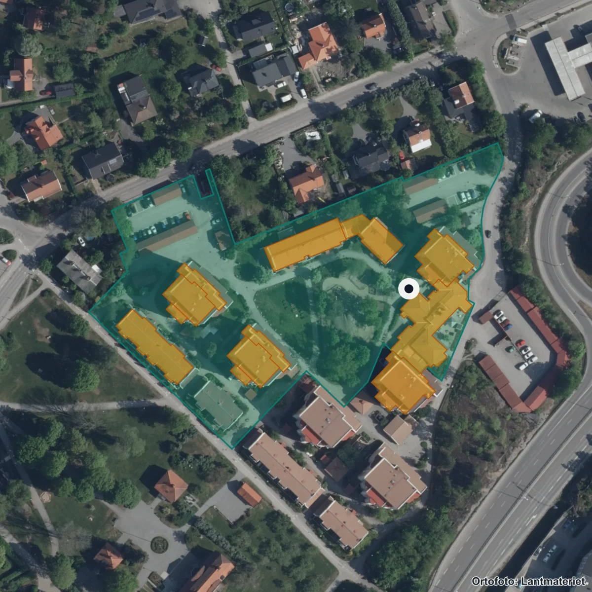 Flygbild över Örtagårdens Förskola, ortofoto från Lantmäteriet
