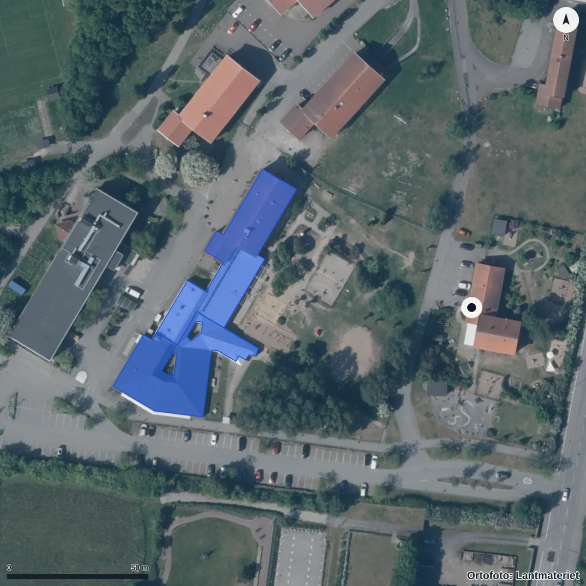 Flygbild över Färgklickens Förskola, ortofoto från Lantmäteriet