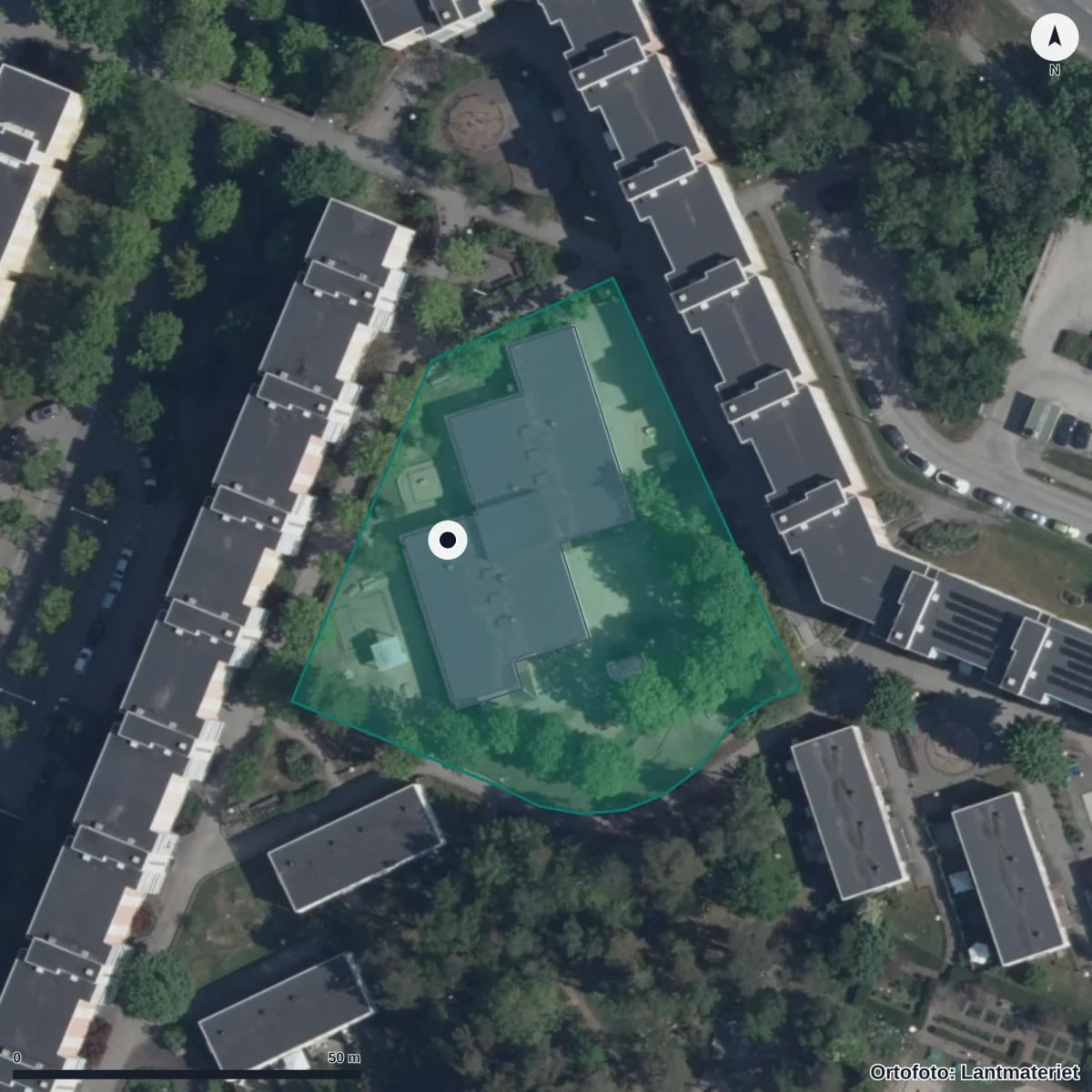 Flygbild över Lilla Vilja Skolan Kotka, ortofoto från Lantmäteriet