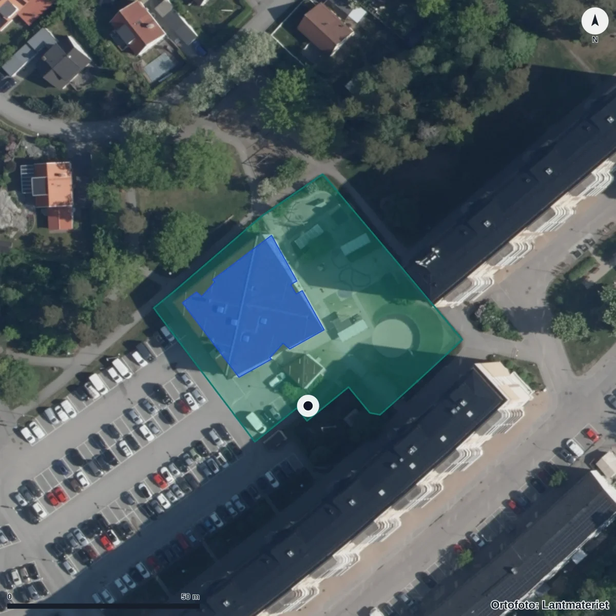 Flygbild över Kopparvägens Förskola ,k,, ortofoto från Lantmäteriet