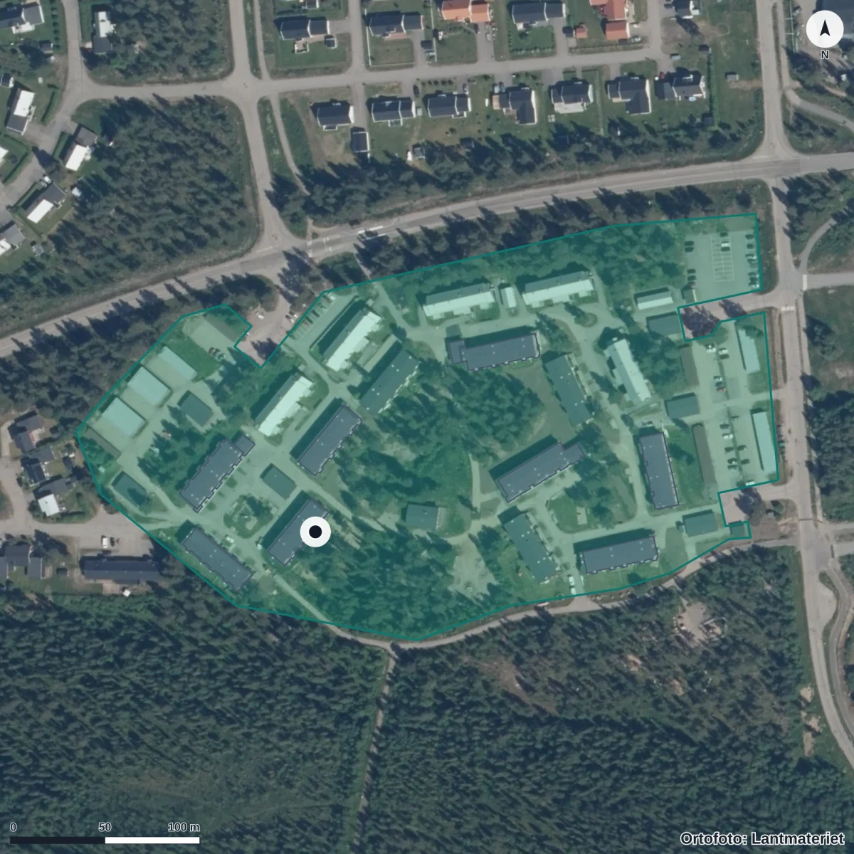 Flygbild över Granbacka Förskola, ortofoto från Lantmäteriet