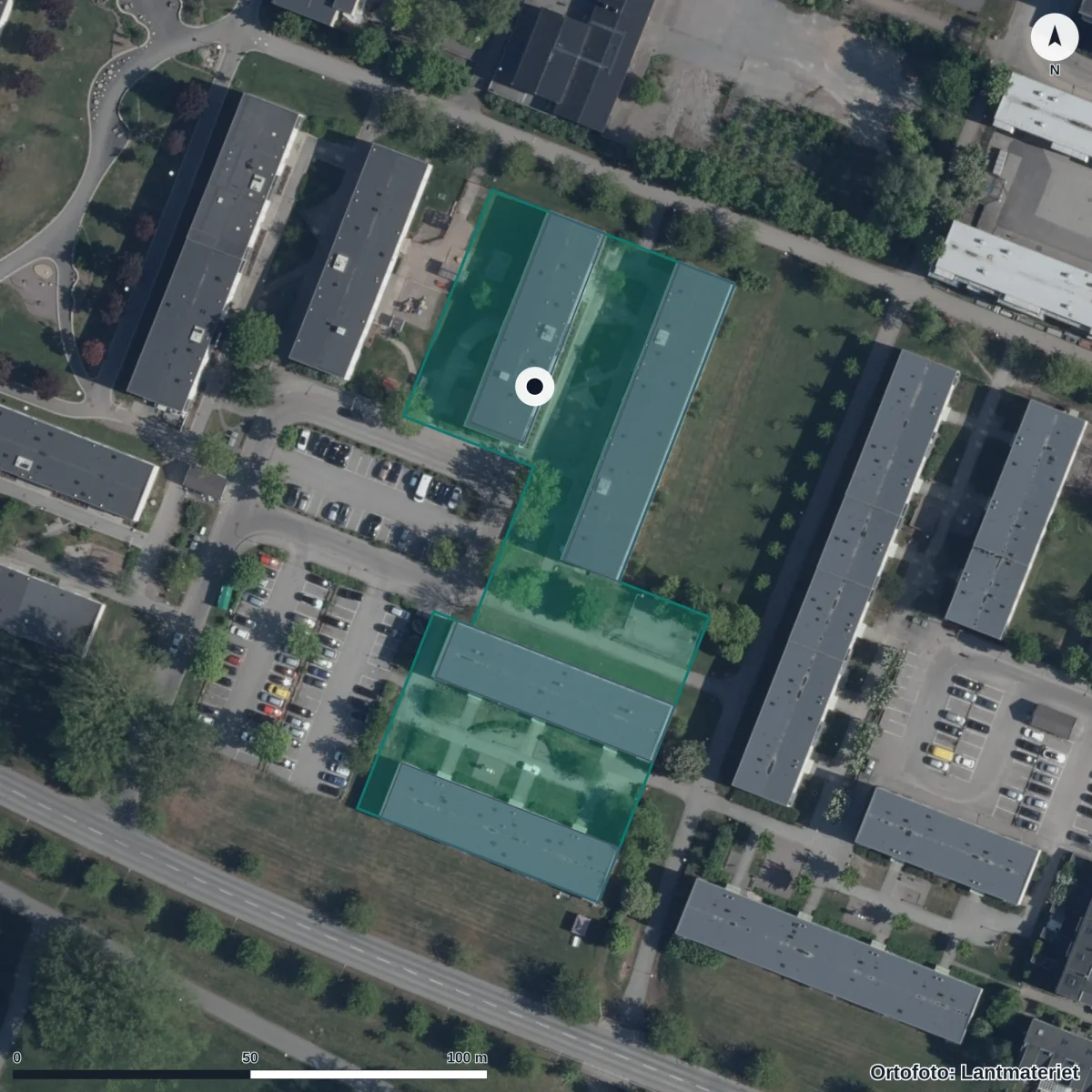 Flygbild över Förskolan Vintergatan, ortofoto från Lantmäteriet