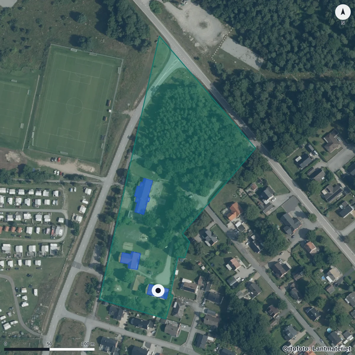 Flygbild över Skönabäcks Förskola, ortofoto från Lantmäteriet