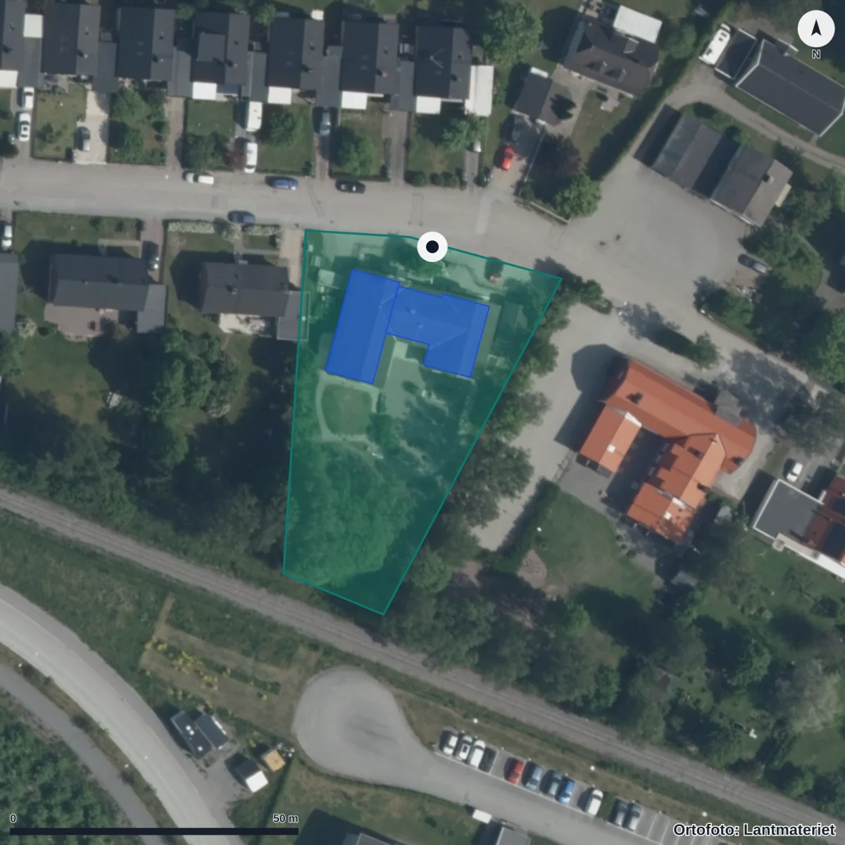 Flygbild över Sjumilaskogens Förskola, ortofoto från Lantmäteriet