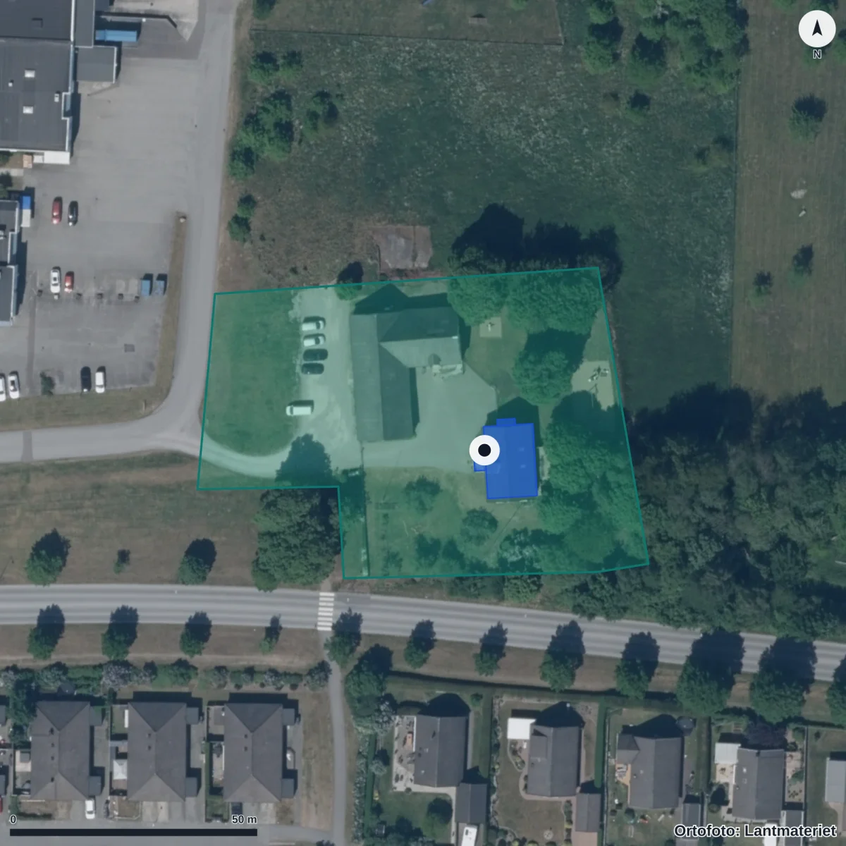 Flygbild över Stenänga Förskola, ortofoto från Lantmäteriet