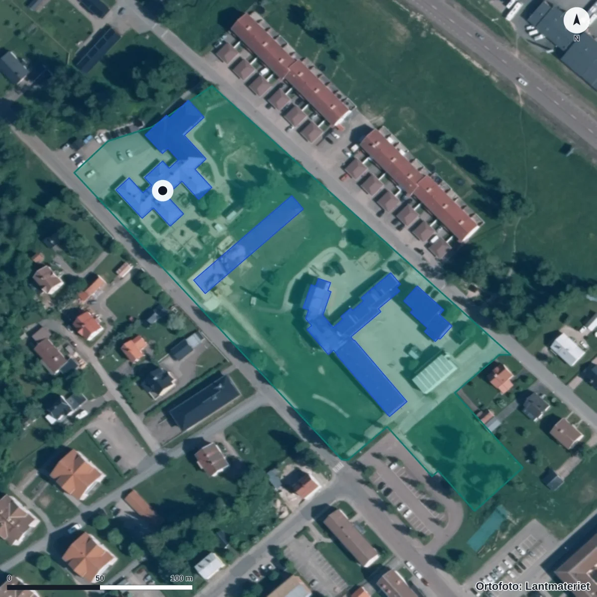 Flygbild över Förskolan Ekorren, ortofoto från Lantmäteriet