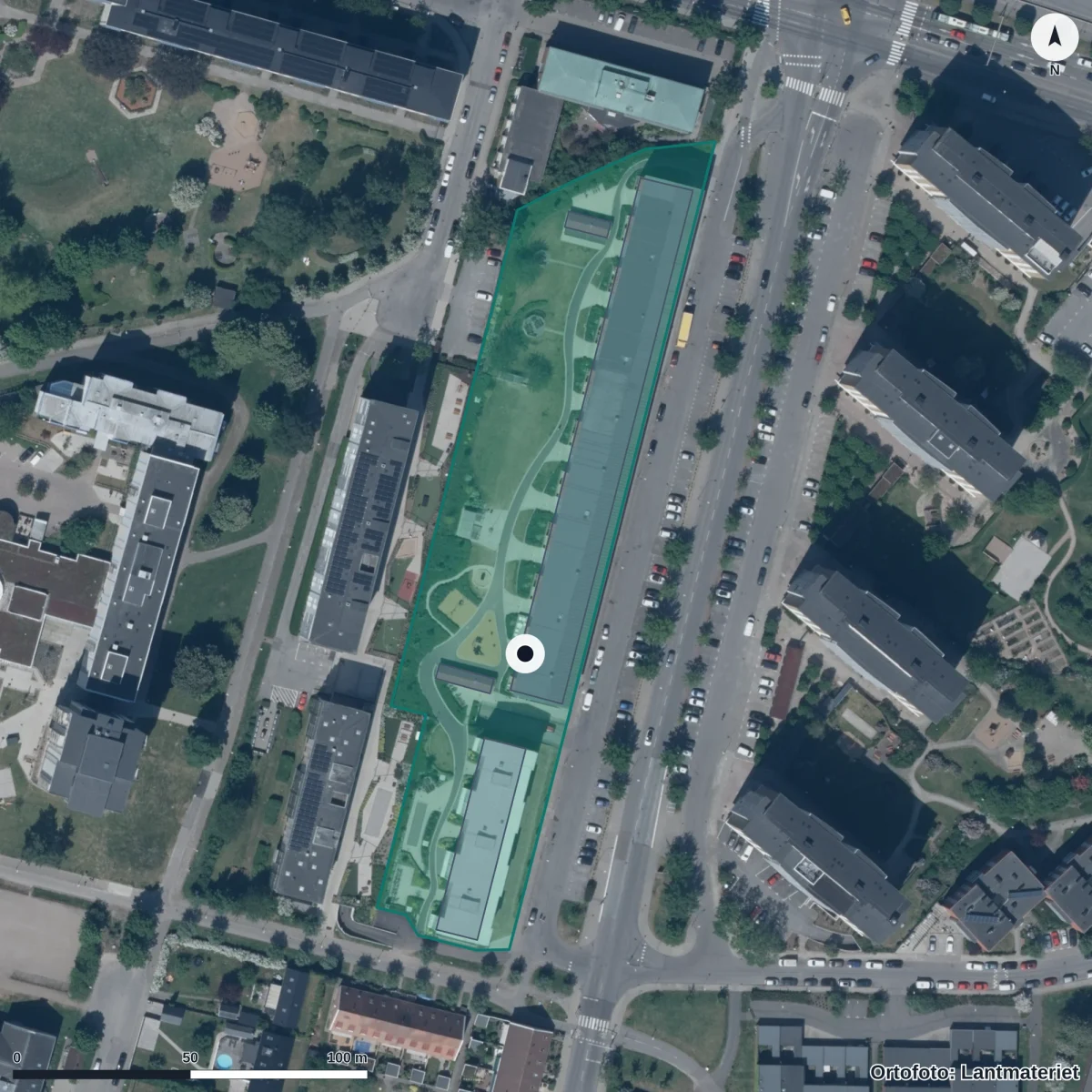 Flygbild över Pandans Förskola, ortofoto från Lantmäteriet