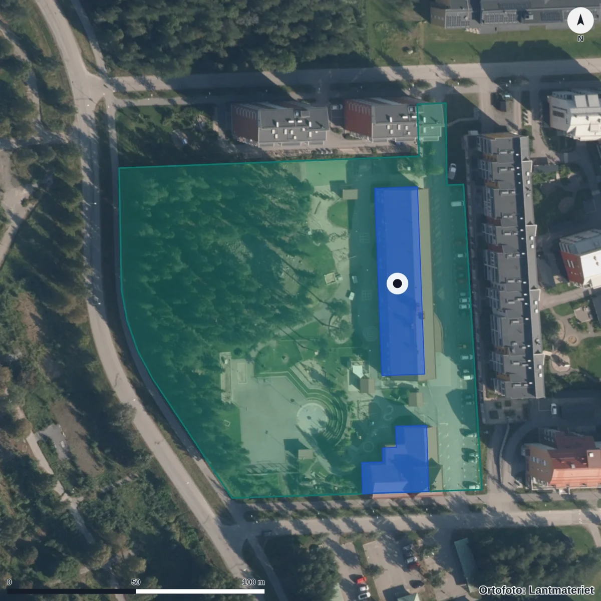 Aerial view of Språkförskolan Umeå, orthophoto from Lantmäteriet