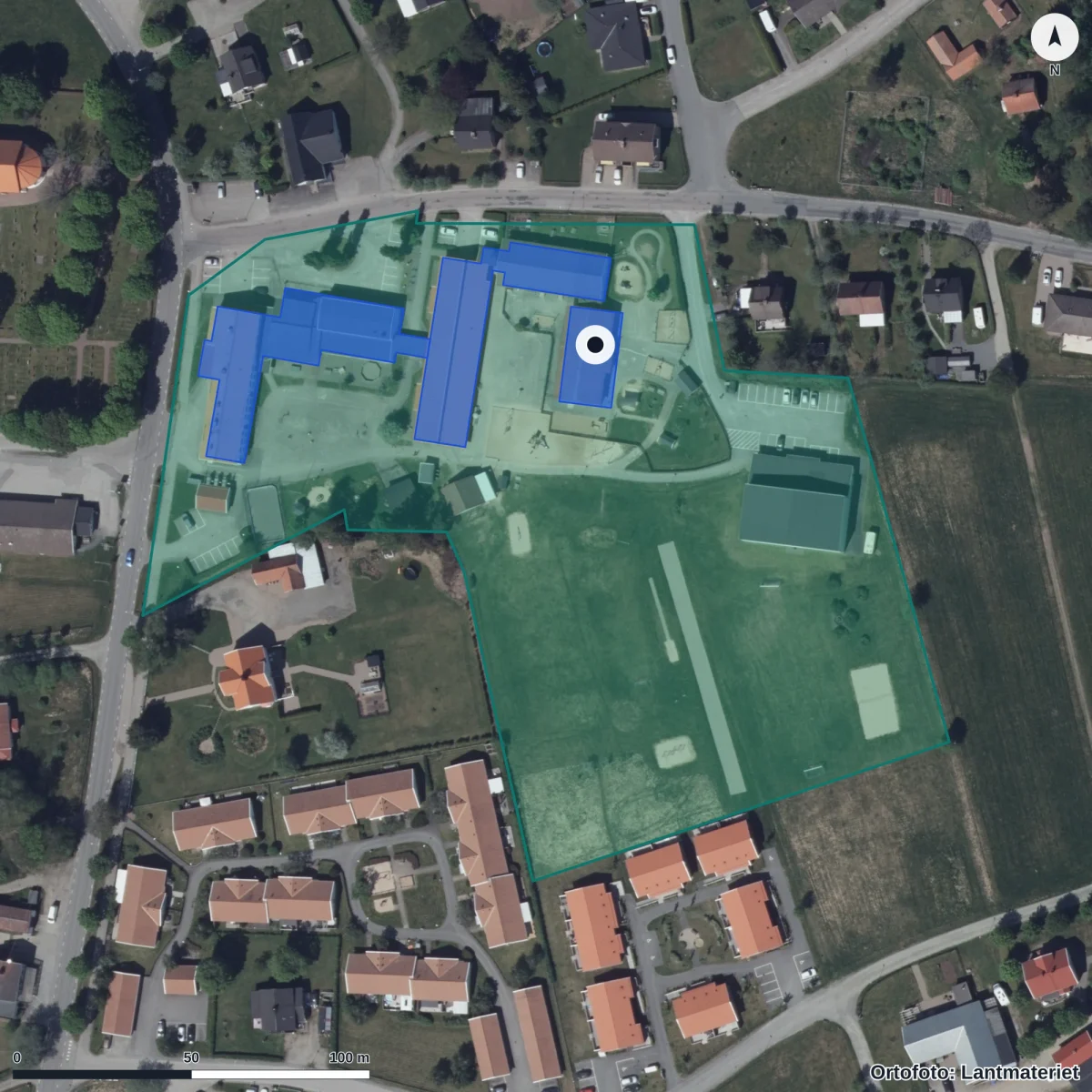 Flygbild över Slättängsgården, ortofoto från Lantmäteriet