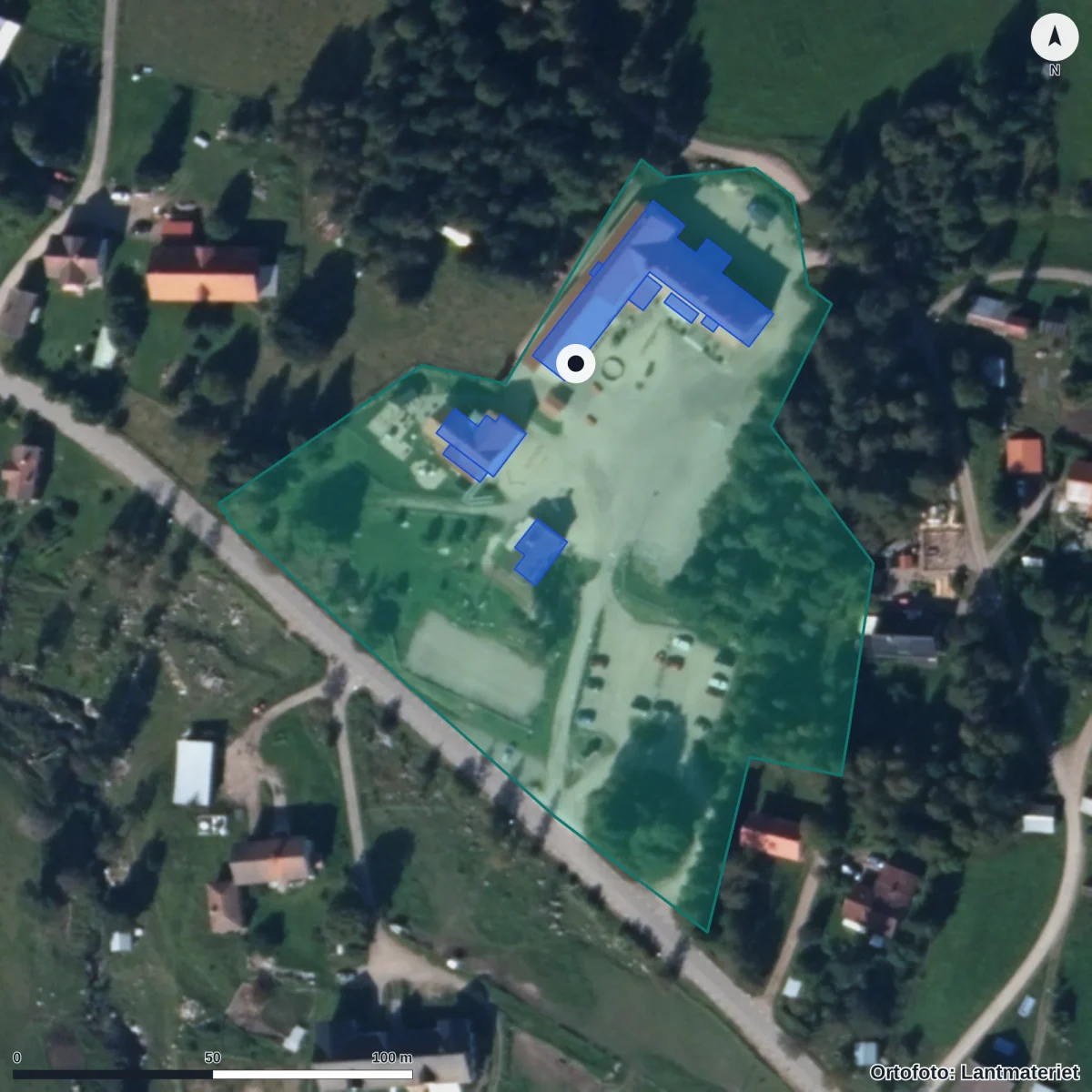 Flygbild över Rotebergs Förskola, ortofoto från Lantmäteriet