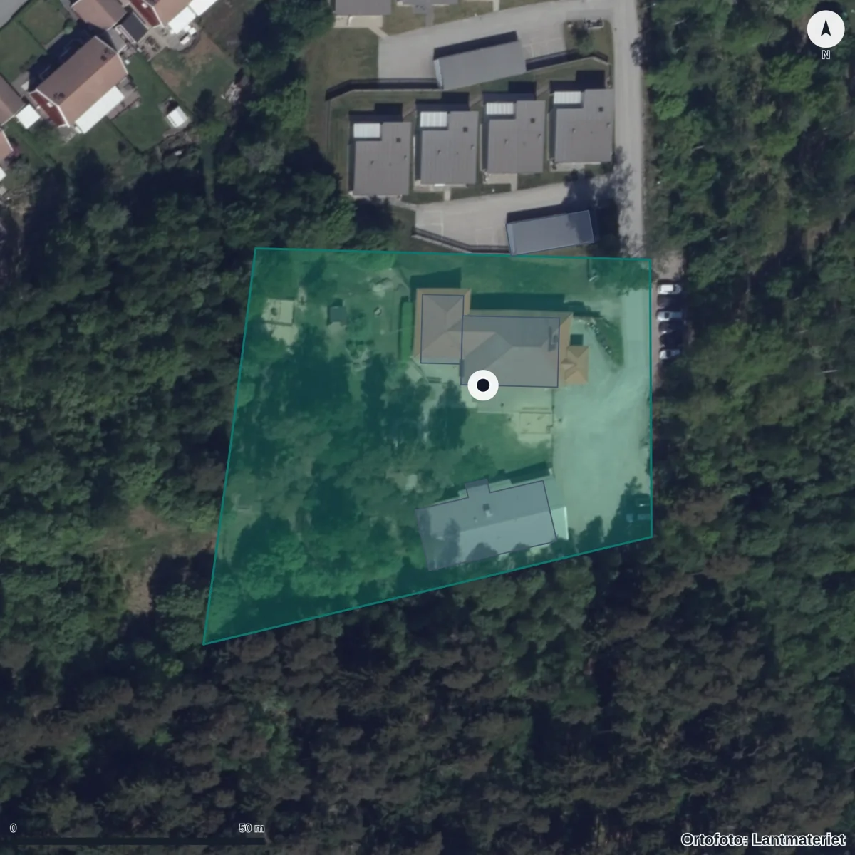 Flygbild över Uteförskolan Plantan, ortofoto från Lantmäteriet