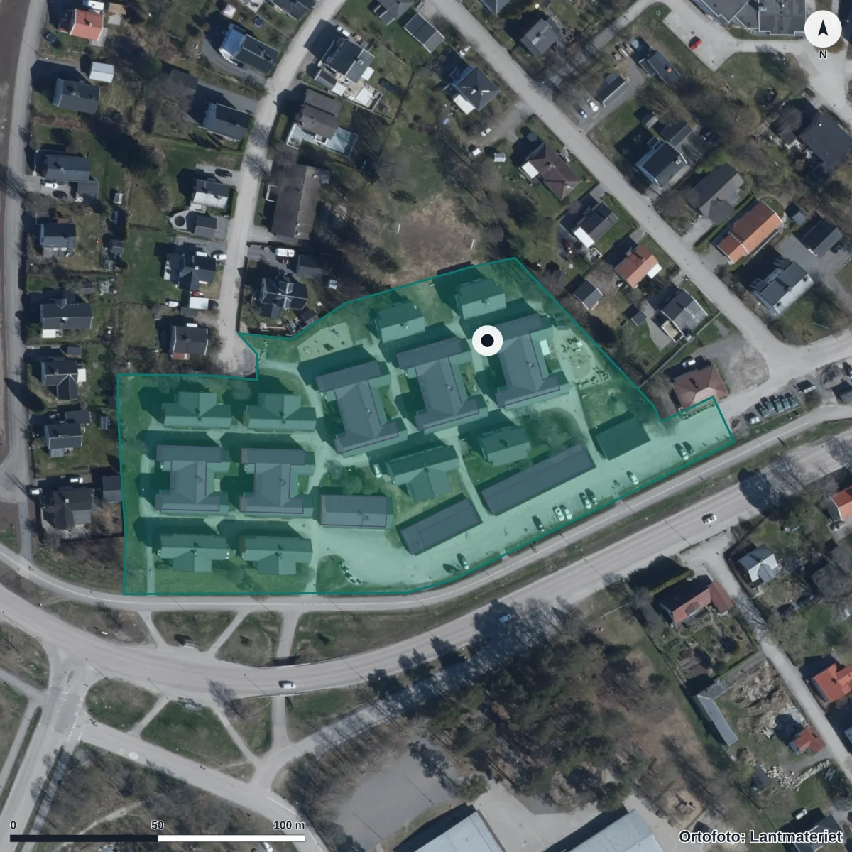 Flygbild över Orrens Förskola, ortofoto från Lantmäteriet