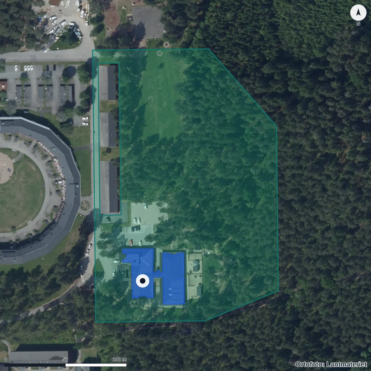 Flygbild över Stensåkra Förskola, ortofoto från Lantmäteriet