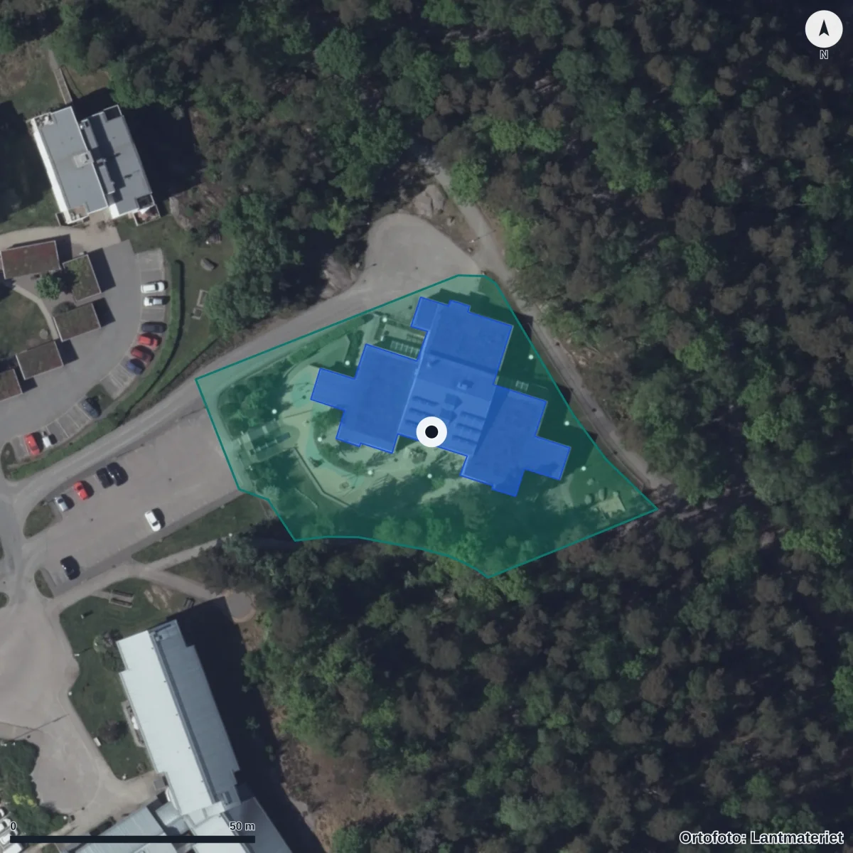 Flygbild över Riddarstens Förskola, ortofoto från Lantmäteriet