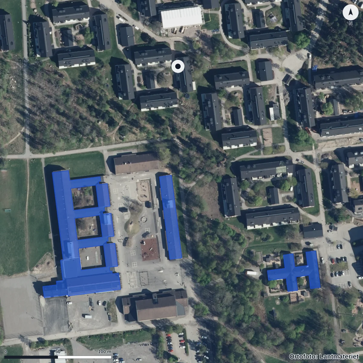 Flygbild över Förskolan Vinden, ortofoto från Lantmäteriet