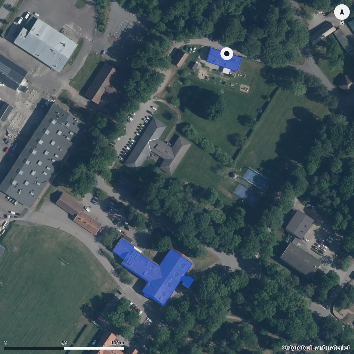 Flygbild över Frejagårdens Förskola Ek.för., ortofoto från Lantmäteriet
