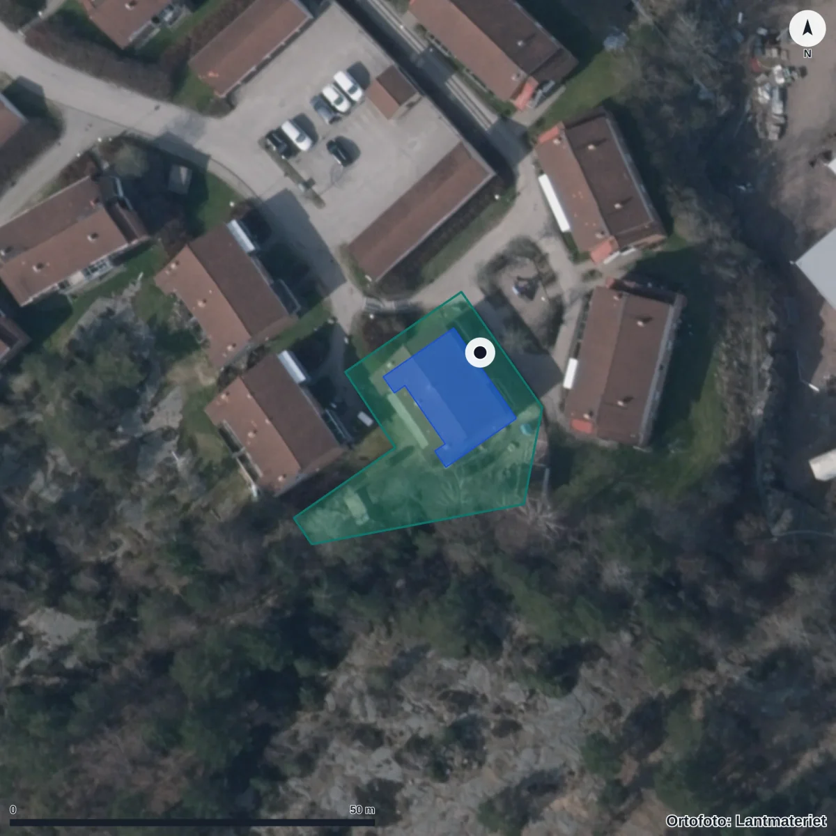 Aerial view of Ankdammens Förskola, orthophoto from Lantmäteriet