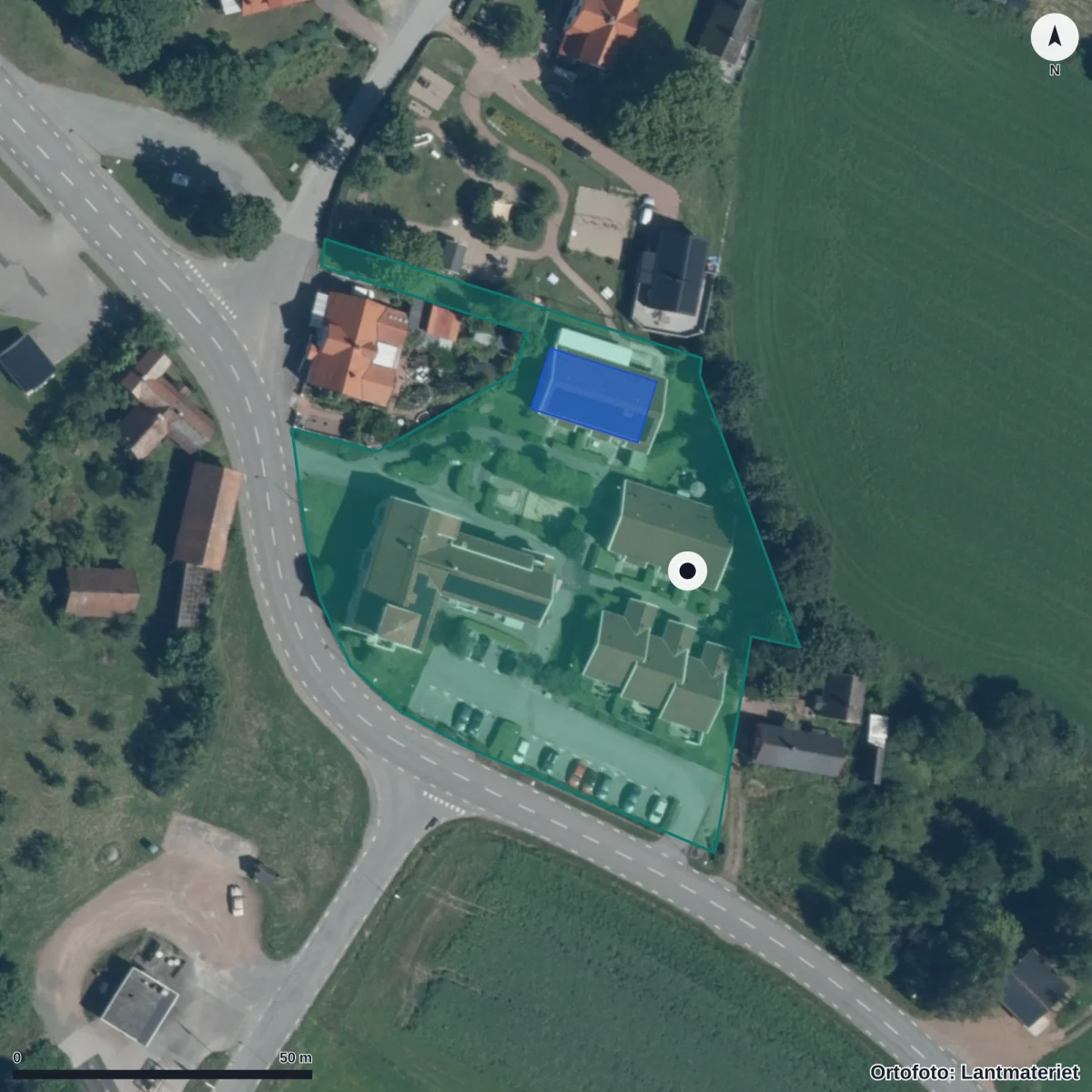Flygbild över Vångabygdens Förskola, ortofoto från Lantmäteriet