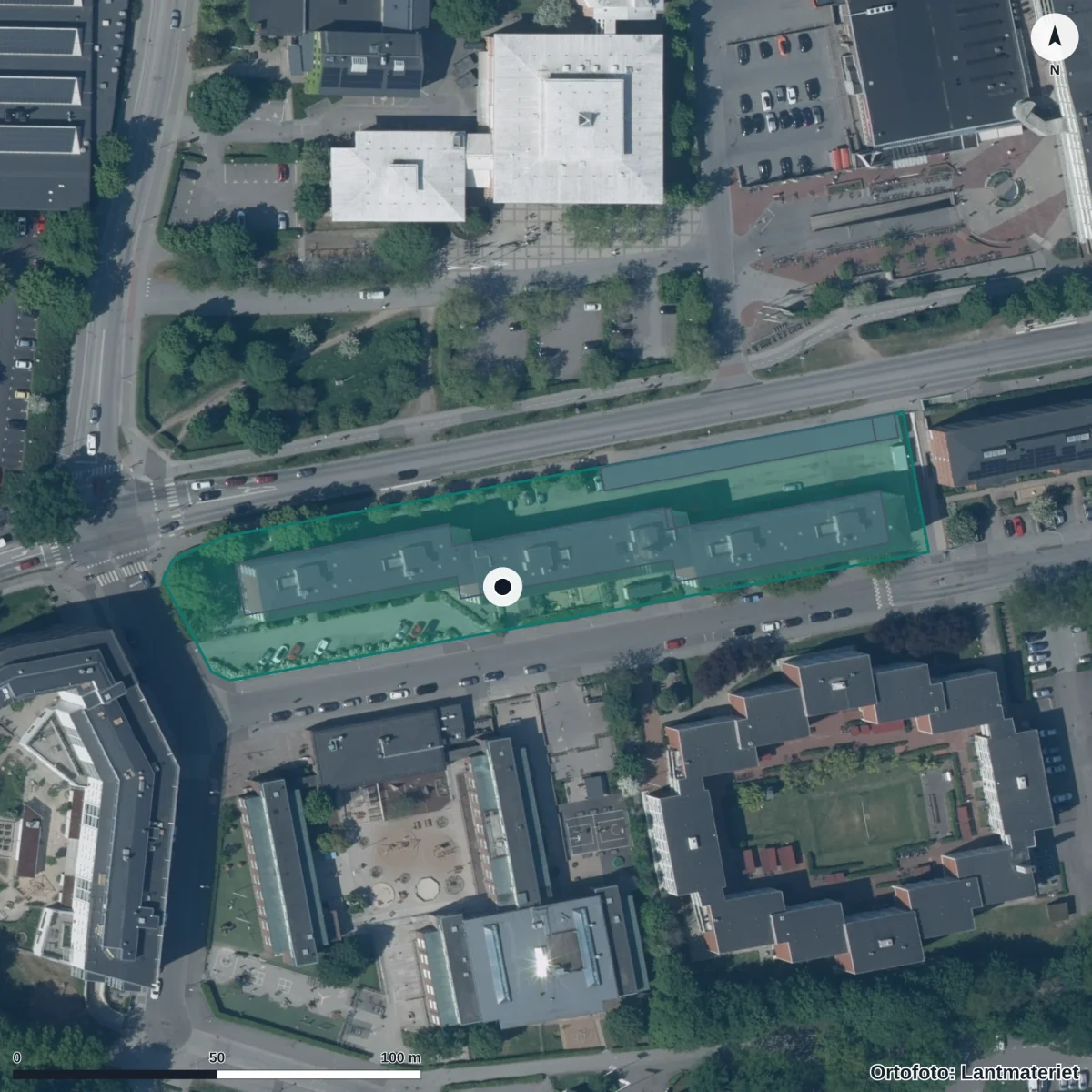 Flygbild över Duvkullans Förskola, ortofoto från Lantmäteriet