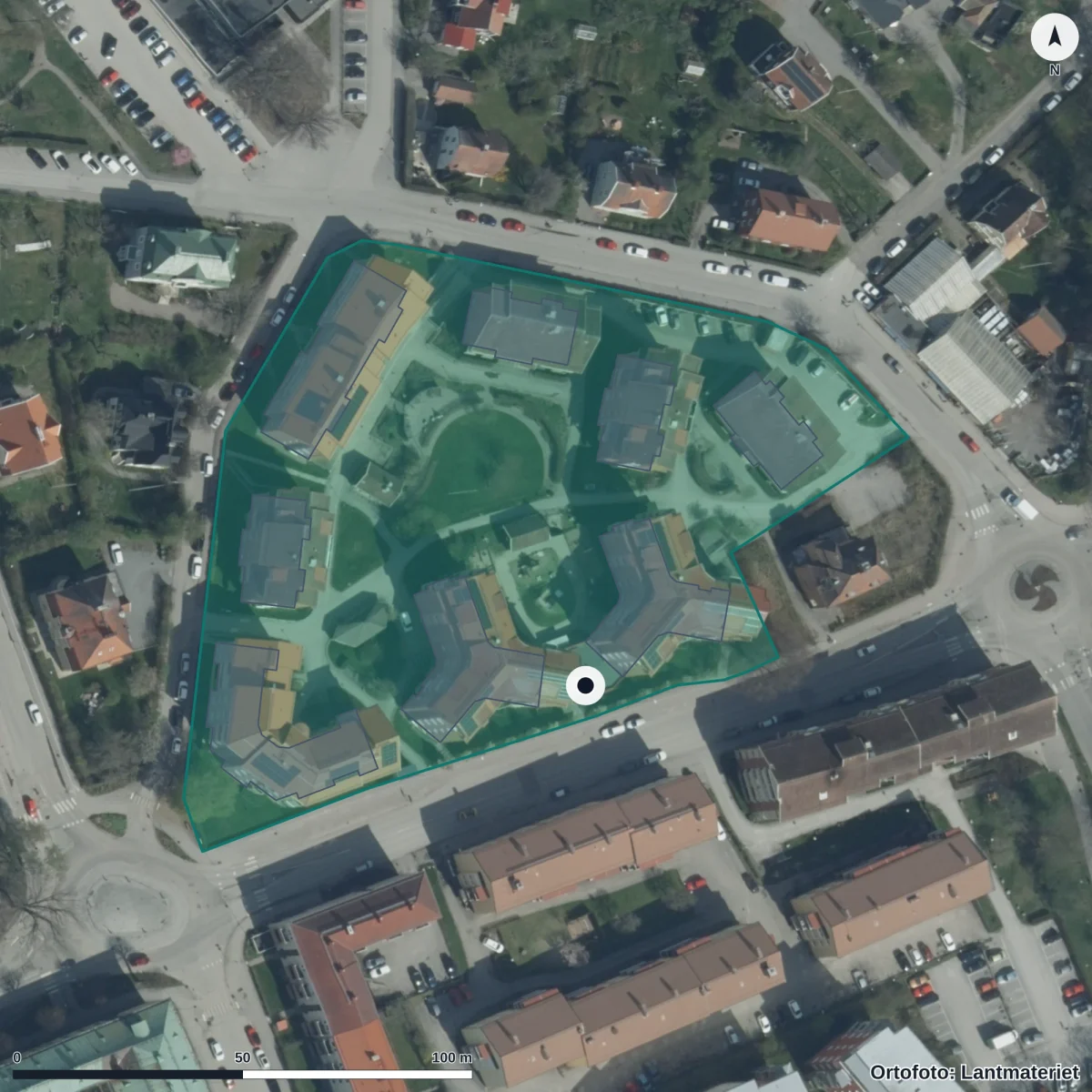 Flygbild över Trevnadens Förskola, ortofoto från Lantmäteriet