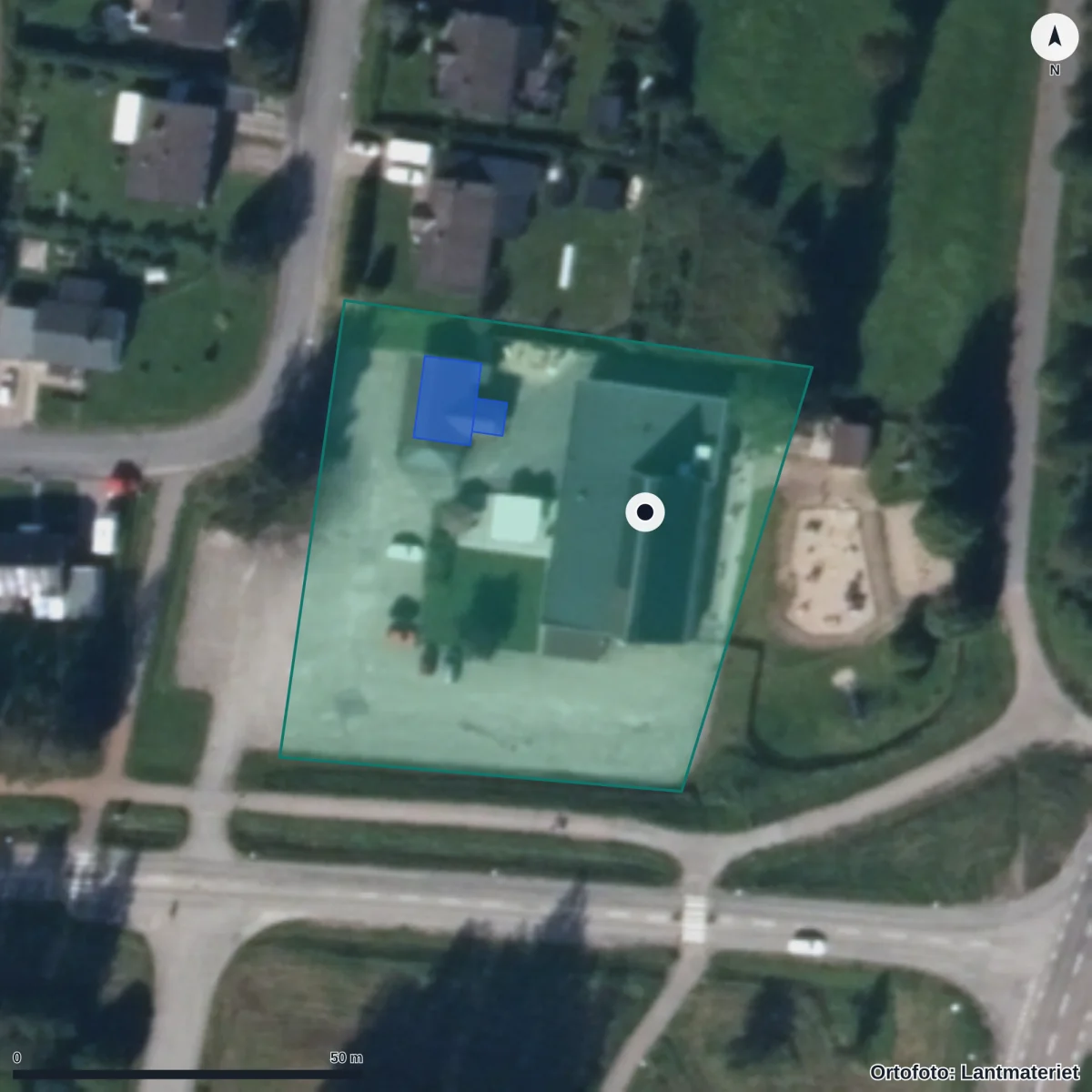 Flygbild över Sparvens Förskola, ortofoto från Lantmäteriet