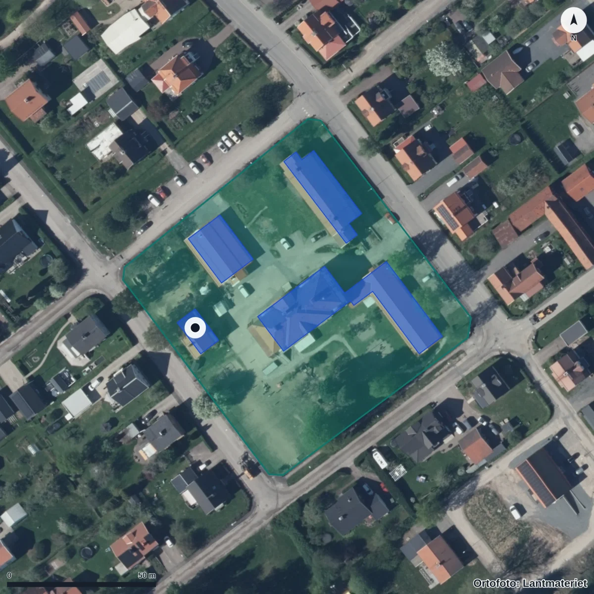 Flygbild över Förskolan Immanuel, ortofoto från Lantmäteriet