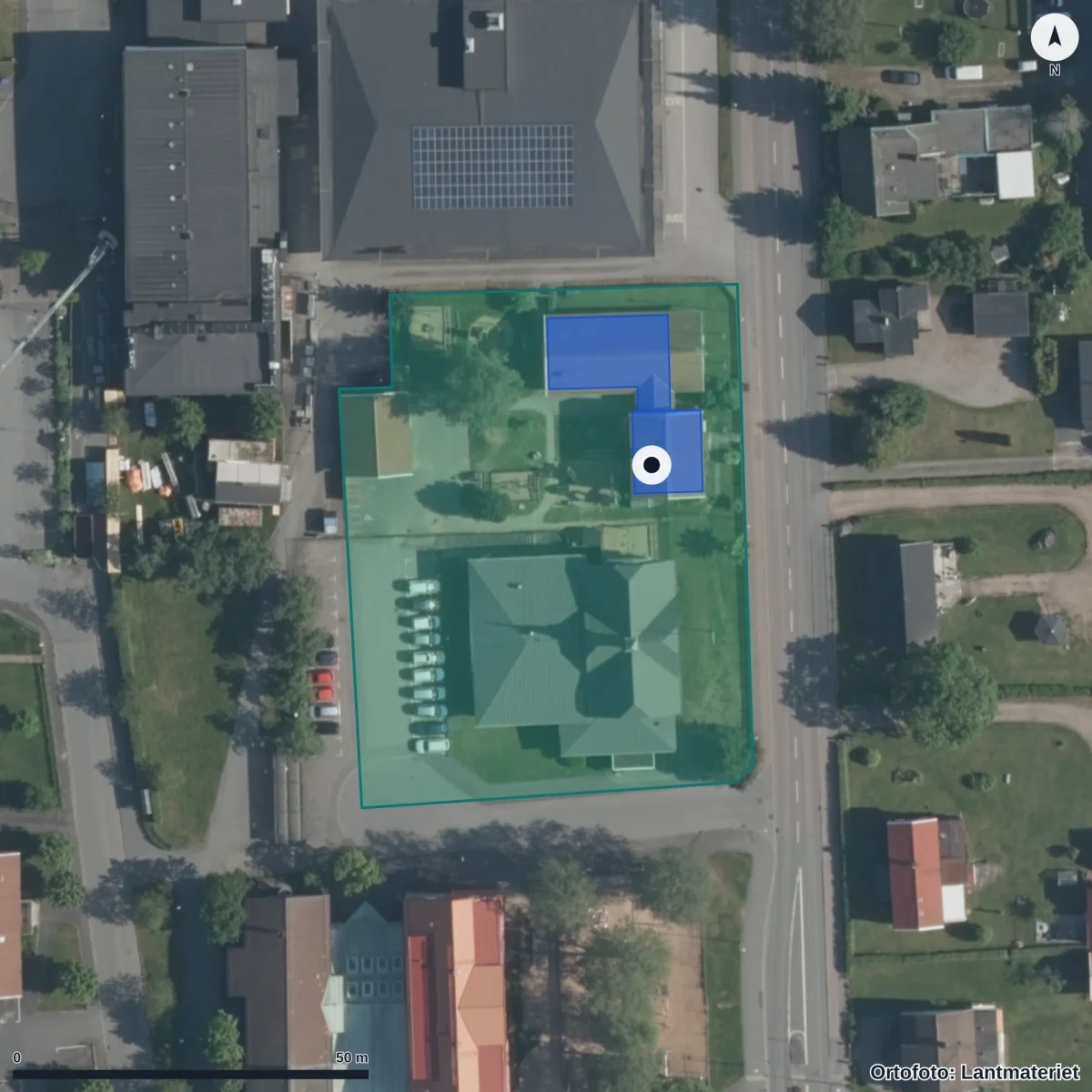 Flygbild över Förskolan Framtiden, ortofoto från Lantmäteriet