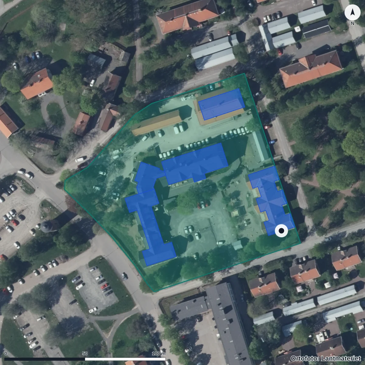 Flygbild över Hushagens Förskola, ortofoto från Lantmäteriet