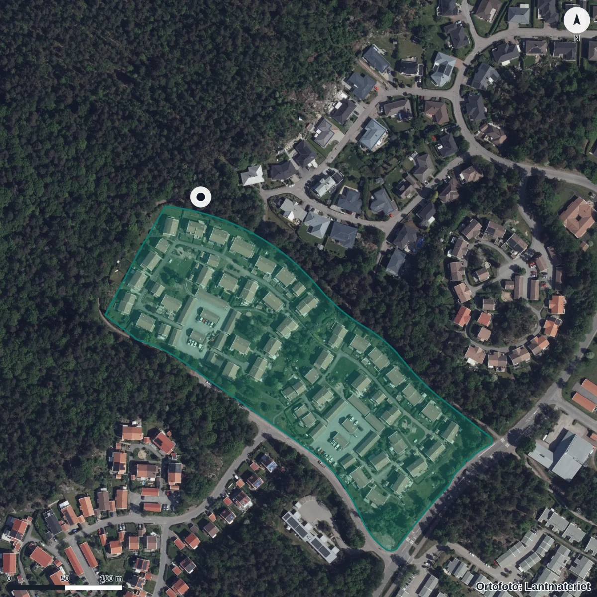 Aerial view of Svenska Kyrkan Förskolan Fisken, orthophoto from Lantmäteriet