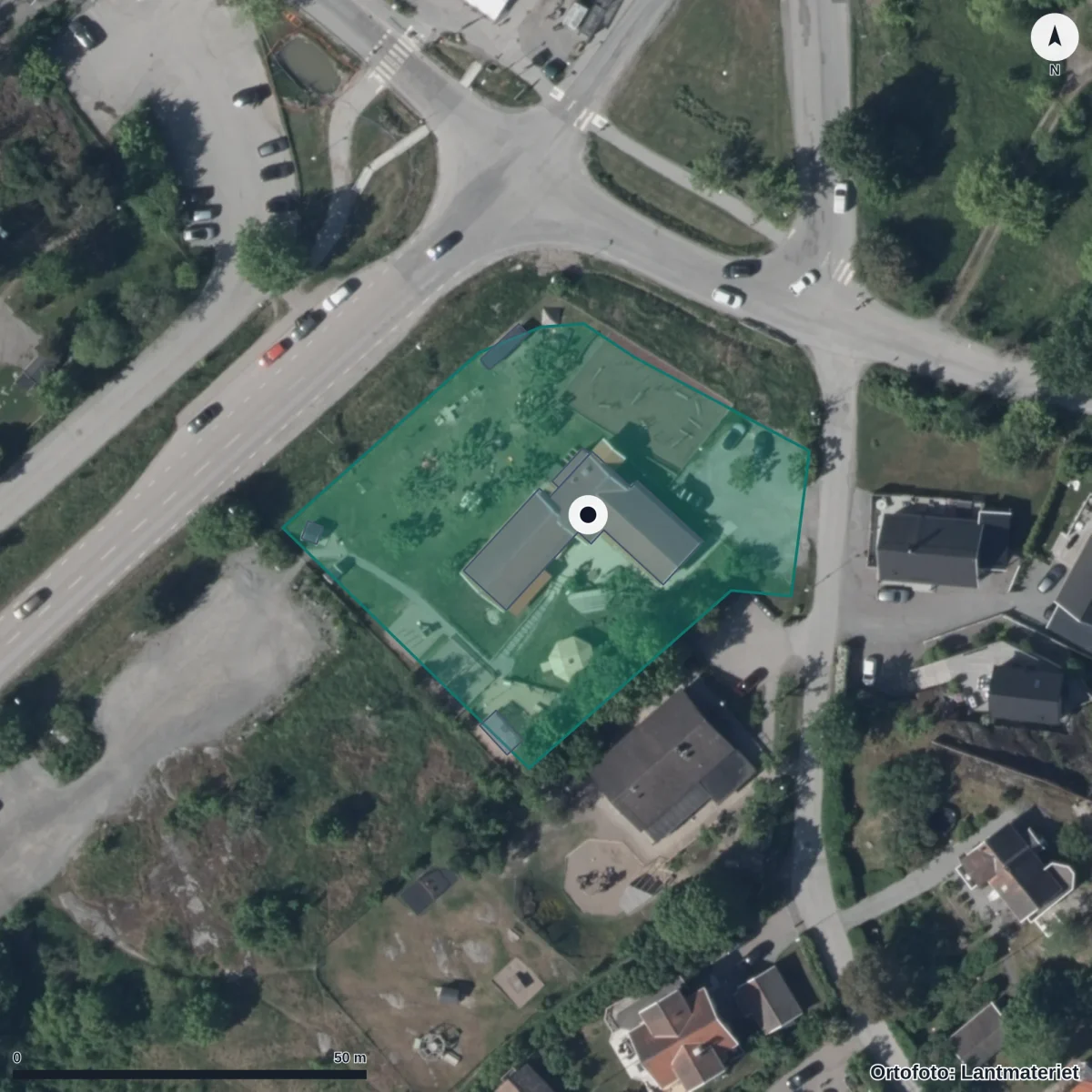 Flygbild över Äppelängens Förskola, ortofoto från Lantmäteriet