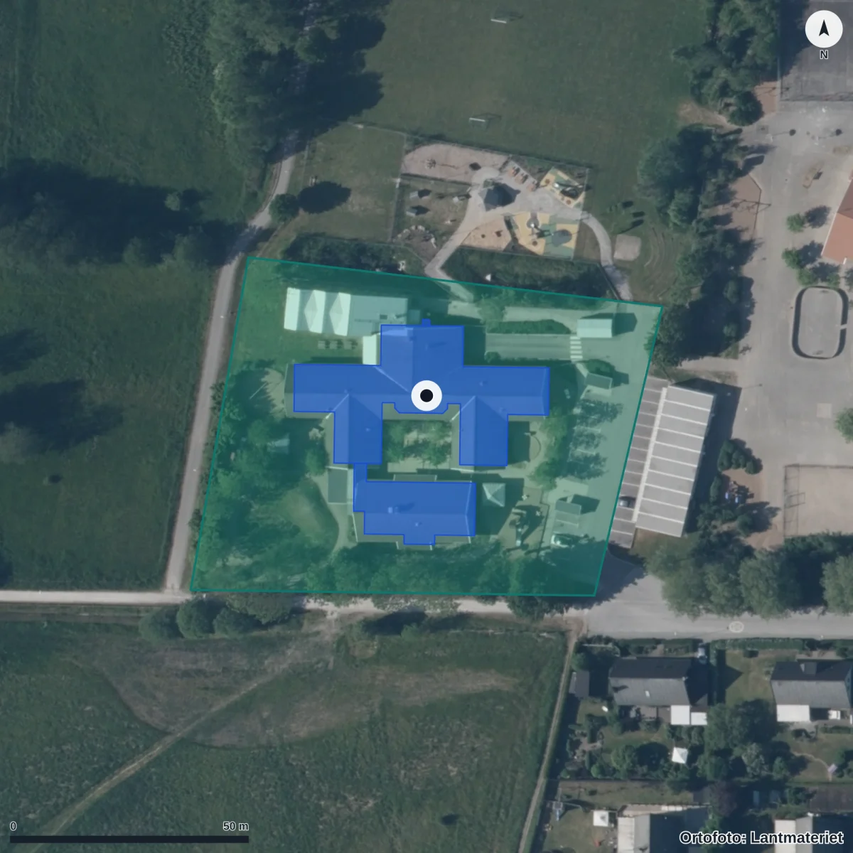 Aerial view of Häggebo Förskola, orthophoto from Lantmäteriet