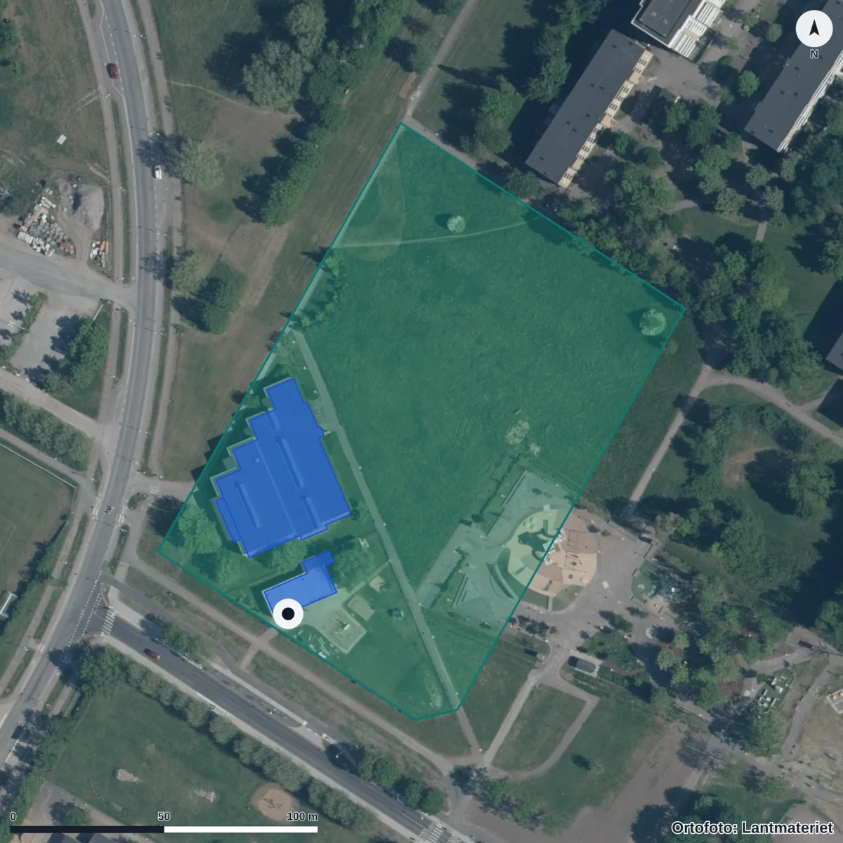 Flygbild över Drömmens Förskola, ortofoto från Lantmäteriet