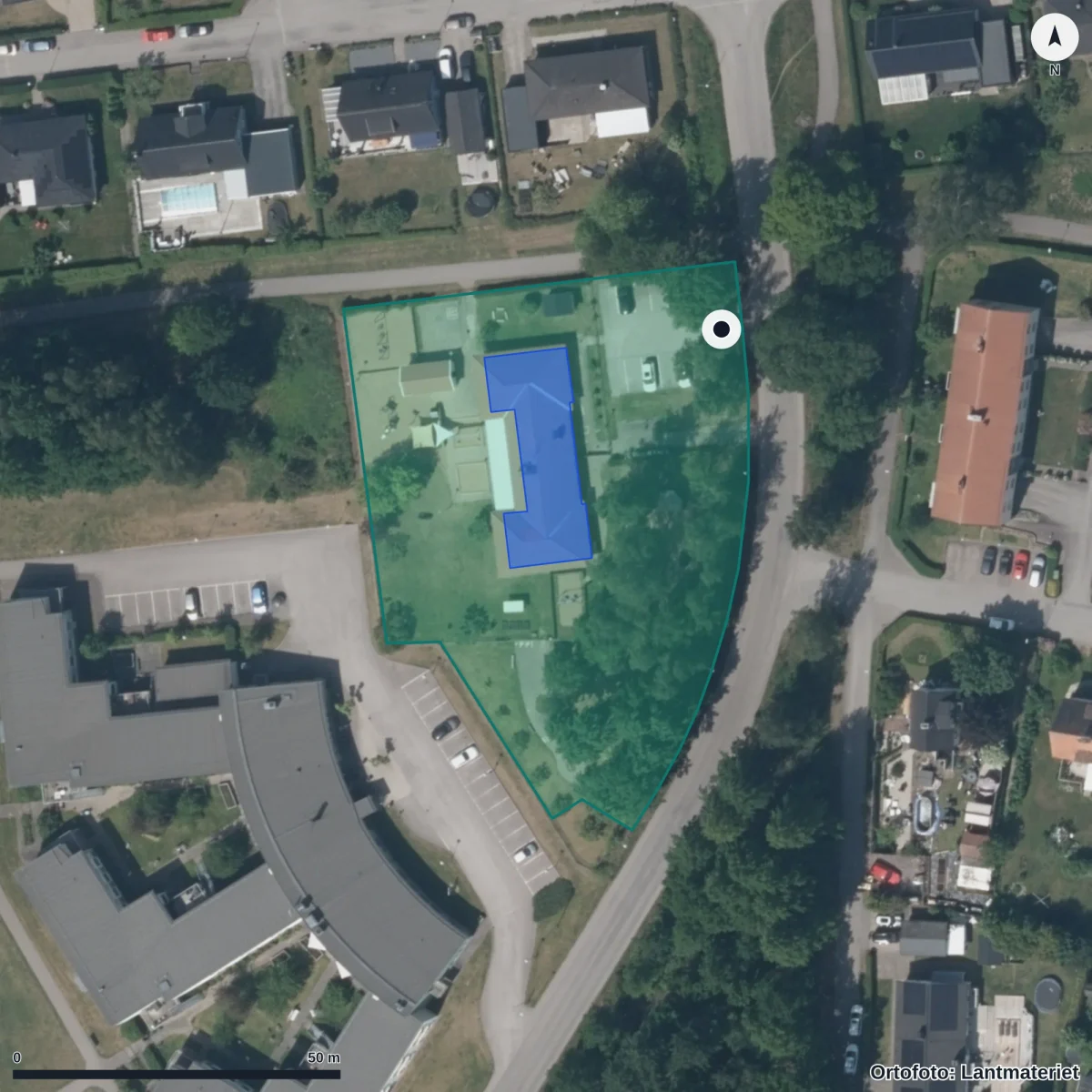 Flygbild över Barnens Verkstad, ortofoto från Lantmäteriet