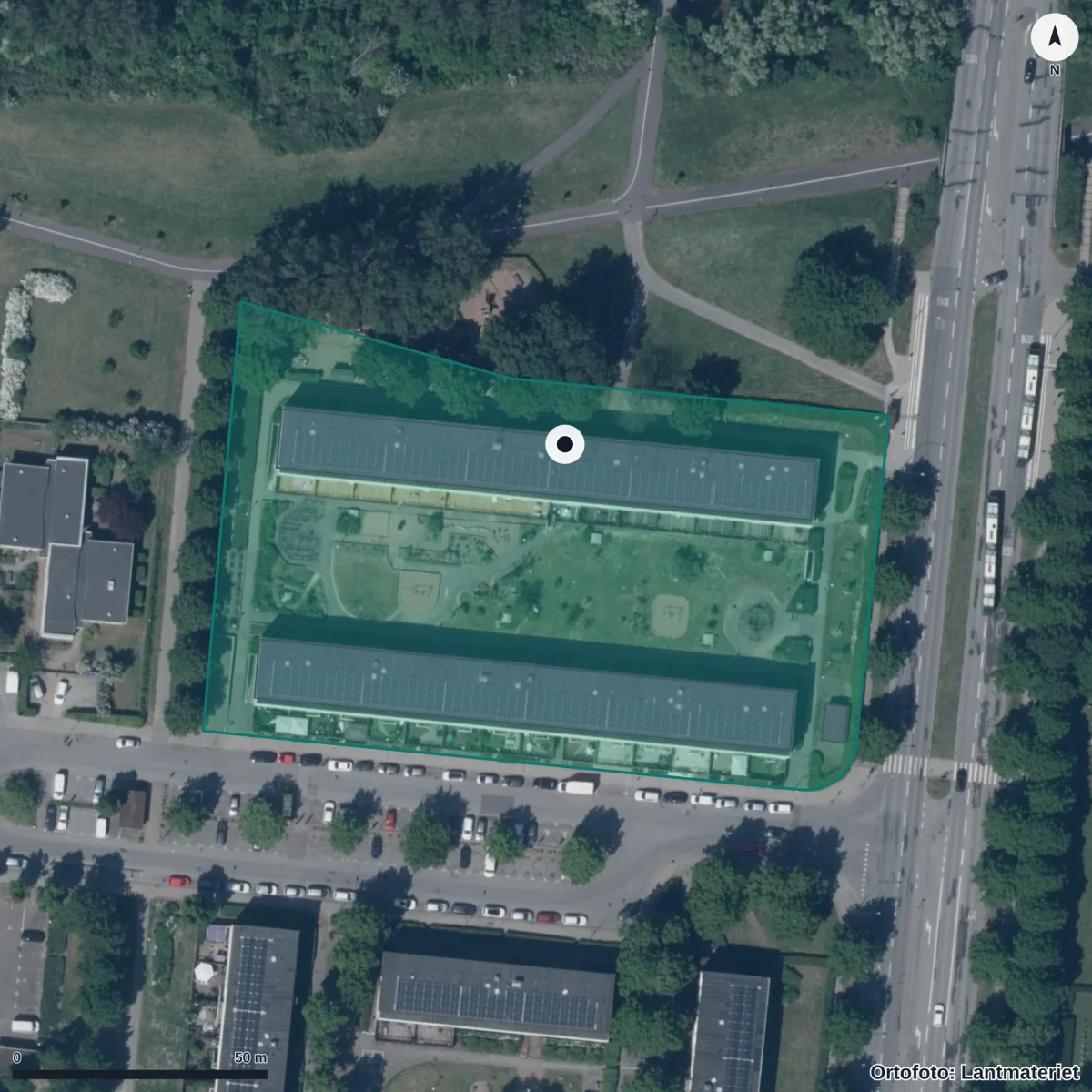 Flygbild över Melodigångens Förskola, ortofoto från Lantmäteriet