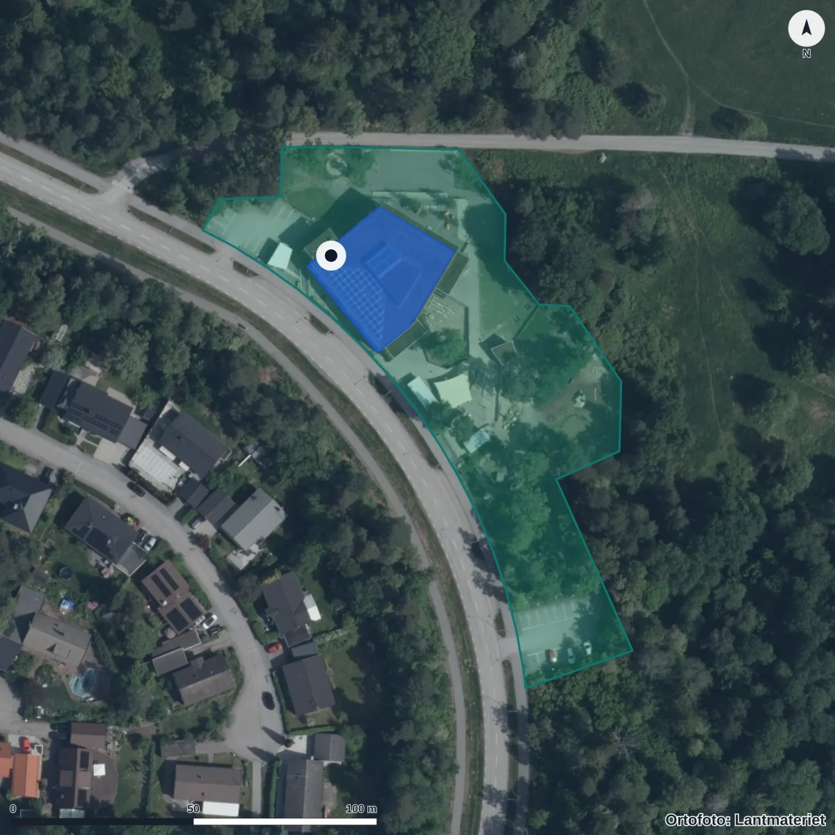 Flygbild över Norrgårdens Förskola, ortofoto från Lantmäteriet