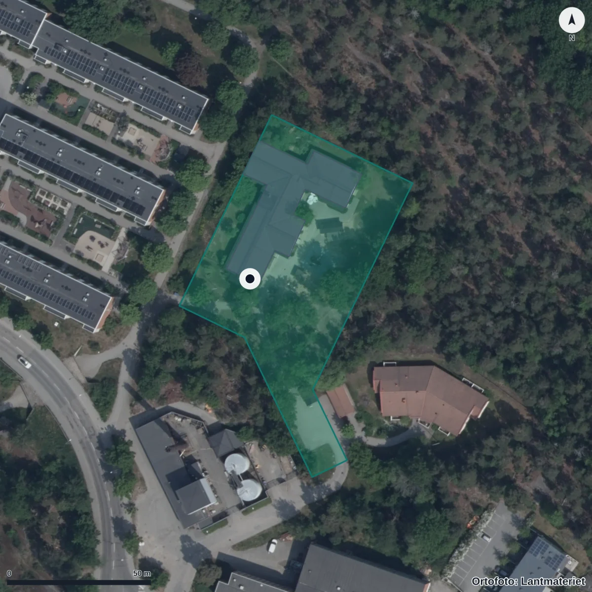 Flygbild över Förskolan Ljusglimten, ortofoto från Lantmäteriet