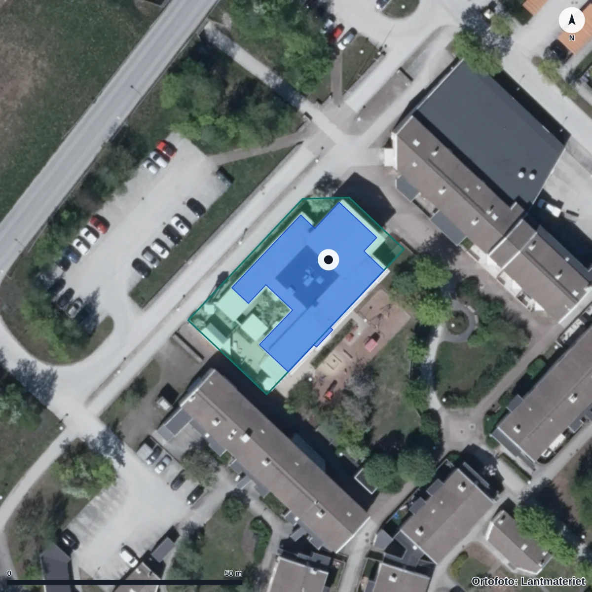 Flygbild över Förskolan Änget, ortofoto från Lantmäteriet